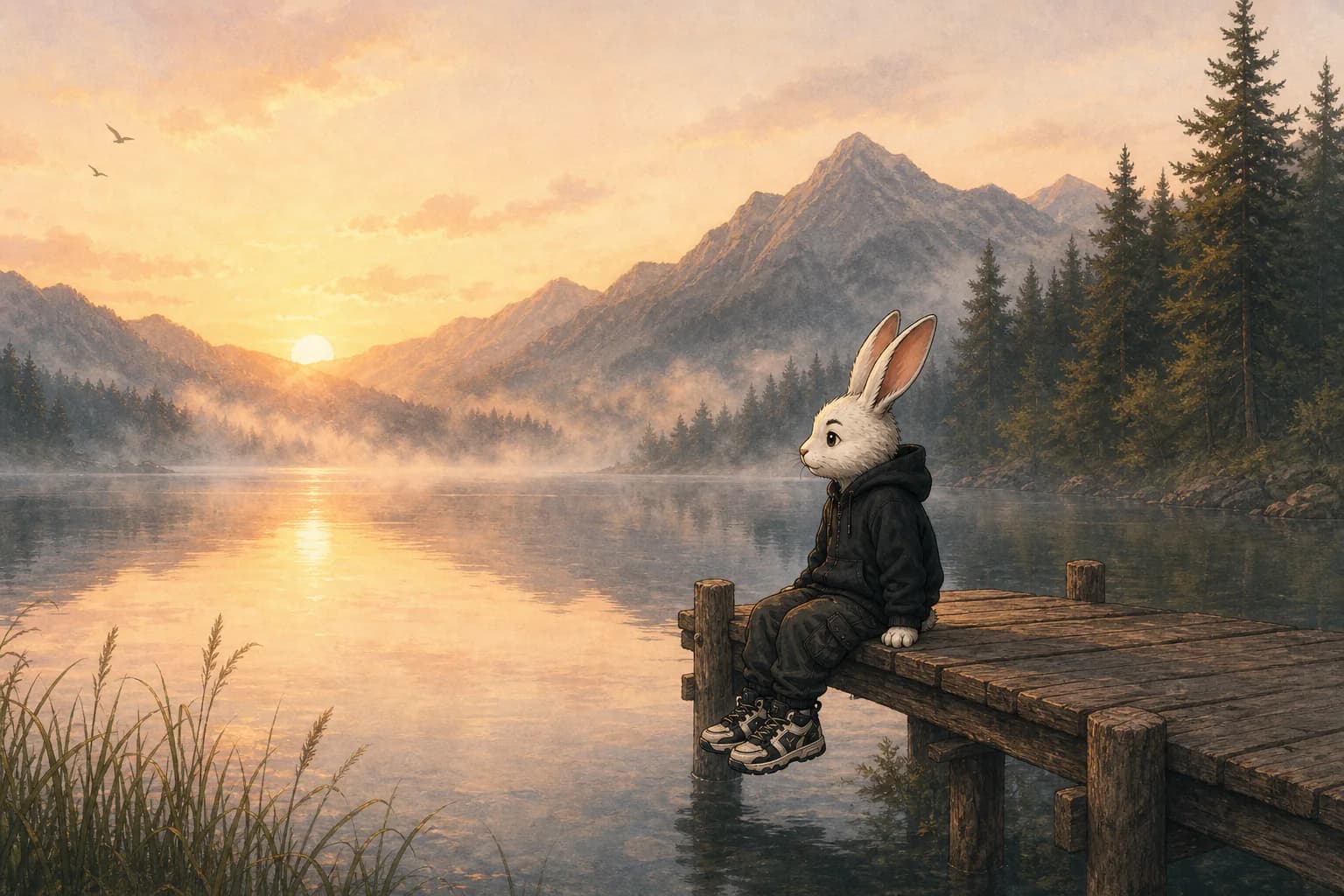 Rink sitting quietly beside a mountain lake at sunrise.