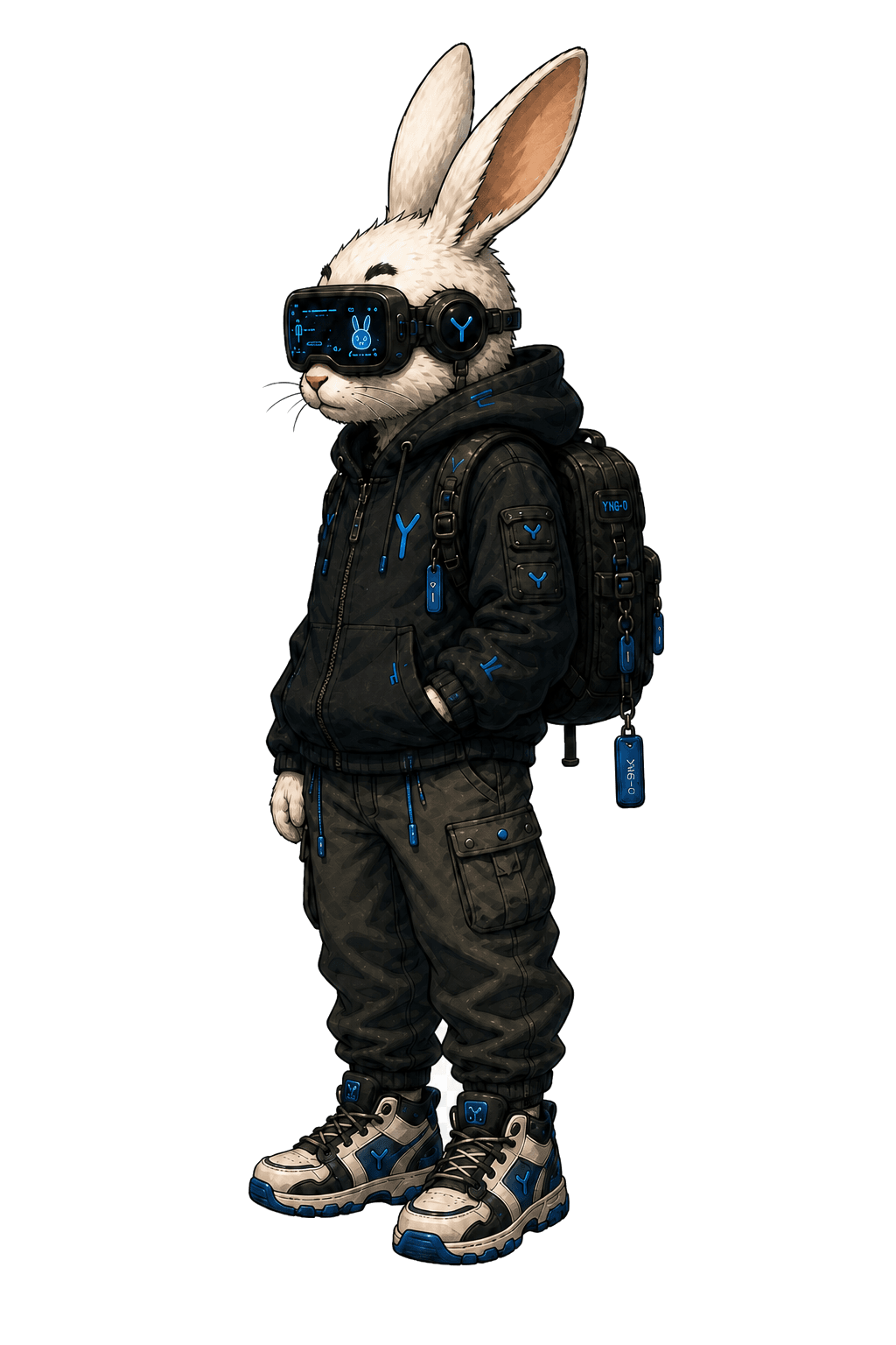 Rink, a white rabbit explorer in black technical clothing and a blue AR visor.