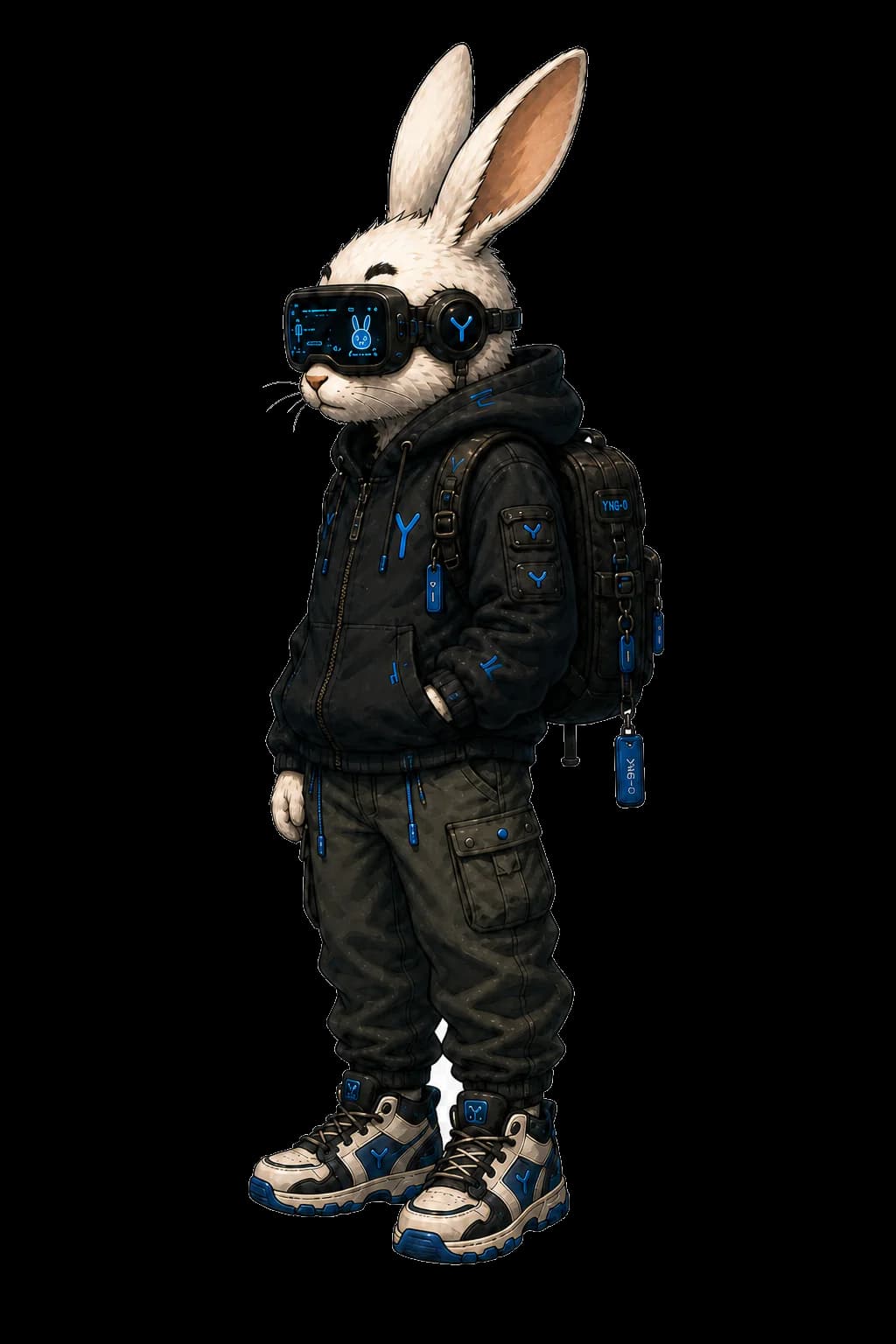 Rink standing in explorer clothing with his blue monocle.