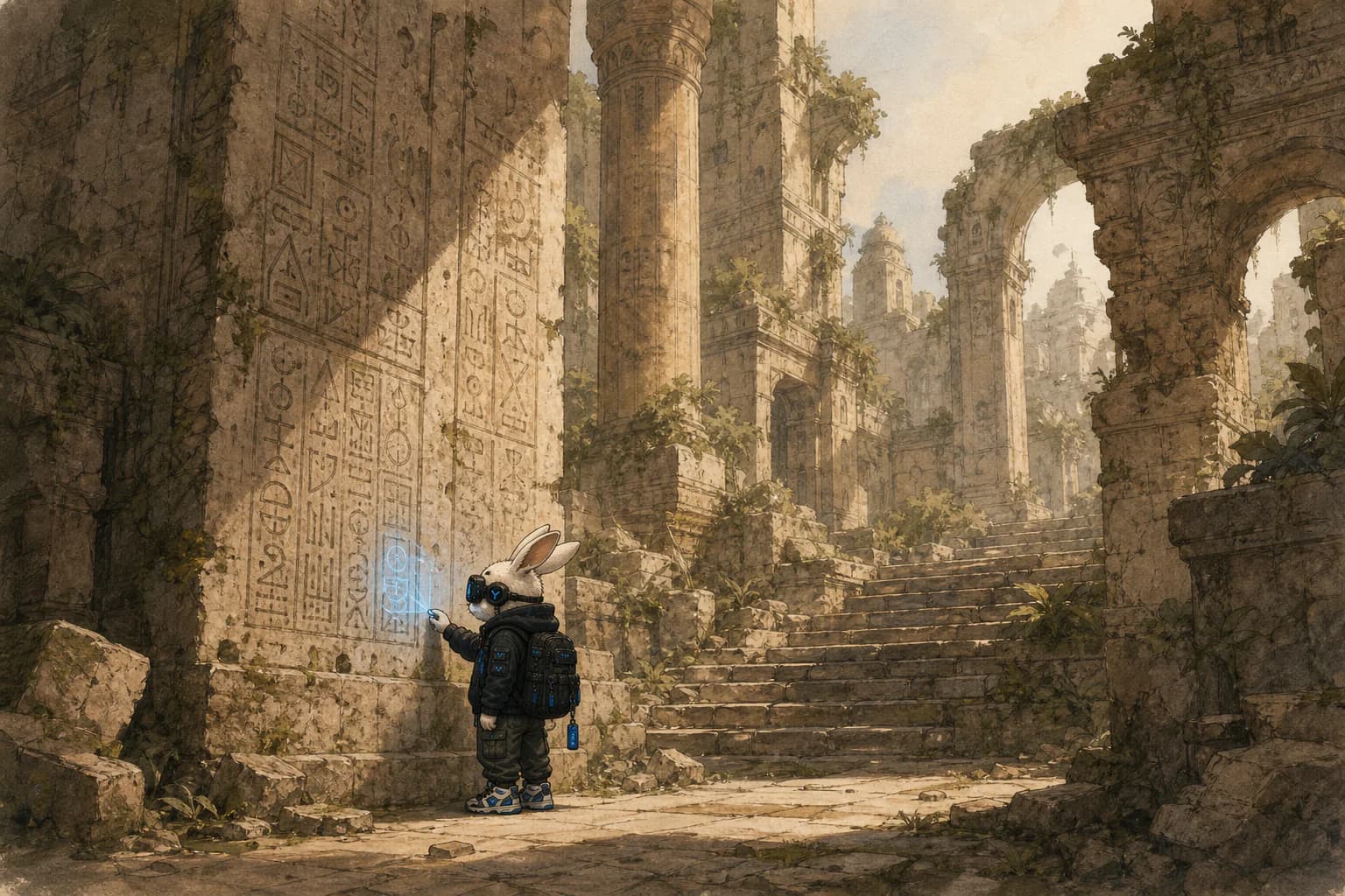 Rink exploring ancient stone ruins and inscriptions.