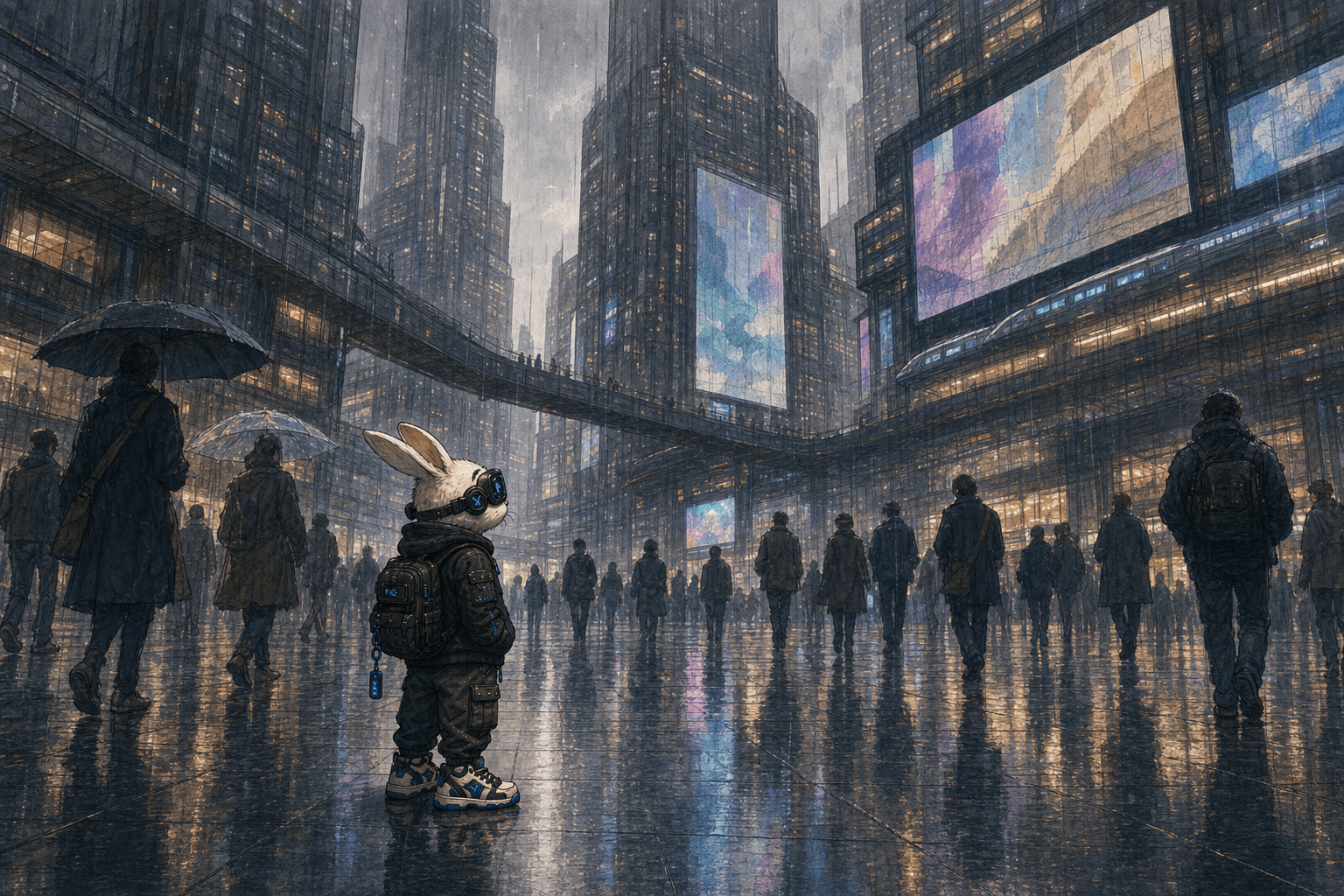 Rink standing in a rain-soaked future city among towering screens and pedestrians.